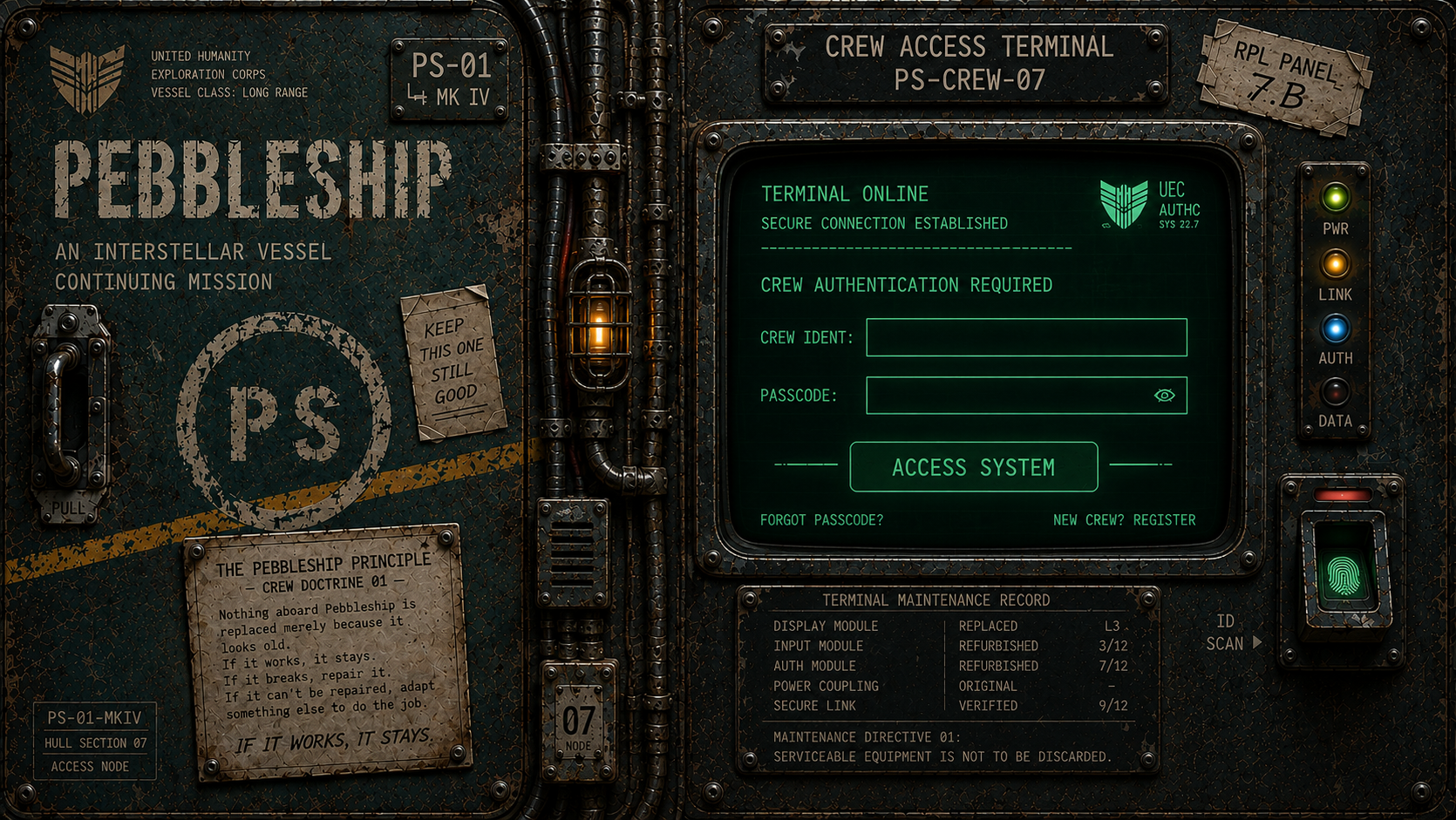 Pebbleship crew access terminal
